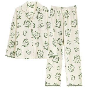 100% Cotton Women Pajama Set 2Pcs Long Sleeve Sleepwear Button Down Loungewear